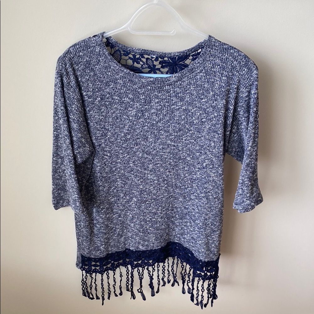 Women's Blue Knit Top with Lace Hem